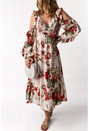Hollow-out Shoulder Ruffle Floral Dress