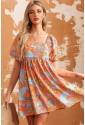 Orange High Waist Square Neck Puff Sleeve Floral Dress