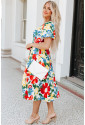 Multicolor Notch Neckline Bubble Sleeve Floral Midi Dress