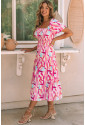 Dlhé ružové šaty s abstraktným vzorom a naberaným rukávom