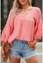 Pink Textured V Neck Bracelet Sleeve Babydoll Blouse