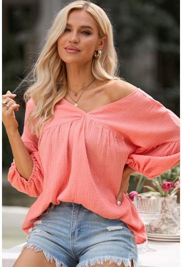 Pink Textured V Neck Bracelet Sleeve Babydoll Blouse