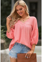 Pink Textured V Neck Bracelet Sleeve Babydoll Blouse