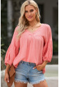 Pink Textured V Neck Bracelet Sleeve Babydoll Blouse