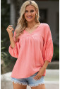 Pink Textured V Neck Bracelet Sleeve Babydoll Blouse