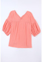 Pink Textured V Neck Bracelet Sleeve Babydoll Blouse