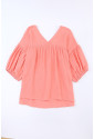 Pink Textured V Neck Bracelet Sleeve Babydoll Blouse