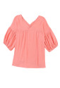 Pink Textured V Neck Bracelet Sleeve Babydoll Blouse