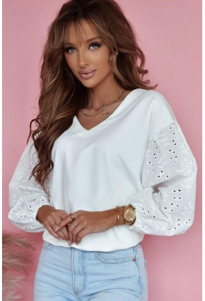 White V-neck Embroidered Patchwork Puff Sleeve Blouse