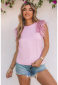 Pink Sequined Ruffle Mesh Sleeves Top