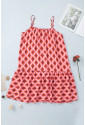 Red Geometric Print Spaghetti Straps Ruffle Hem Dress