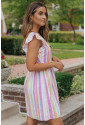 Pink Striped Button Sweetheart Flutter Sleeve Dress