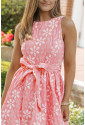 Pink Floral Jacquard Sleeveless Mini Dress with Waist Tie