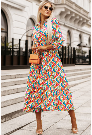 Multicolor Abstract Geometric Print Long Sleeve High Waist Dress