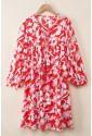 Red Floral Print Puff Sleeve Split Neck Babydoll Mini Dress