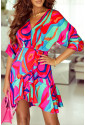 Multicolor Abstract/Zebra Printed V Neck Dolman Sleeve Ruffle Wrap Dress