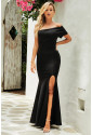 Black Off The Shoulder One Sleeve Slit Maxi Prom Dress