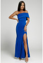 Blue Off The Shoulder One Sleeve Slit Maxi Prom Dress