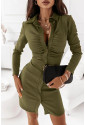 Green Collared Pleated Button-Front Long Sleeve Bodycon Dress
