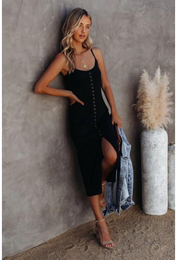 Black Buttoned Ribbed Knit Sleeveless Midi Bodycon Dress with Slit