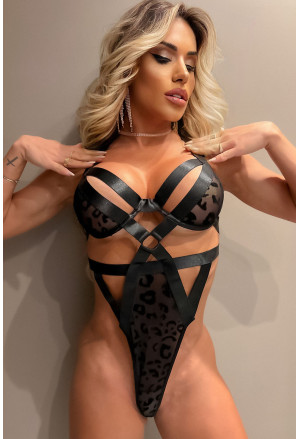 Strappy Caged Leopard Insert Teddy Lingerie