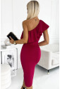 Red Ruffled One Shoulder Ruched Slit Bodycon Dress