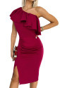 Red Ruffled One Shoulder Ruched Slit Bodycon Dress