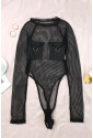 Black Fishnet Pocketed Long Sleeve High Cut Bodysuit