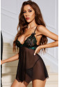 Black See-through Sheer Lace Patchwork Babydoll Set