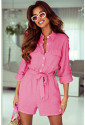 Rose Roll Tab Sleeve Button Shirt Style Belted Romper