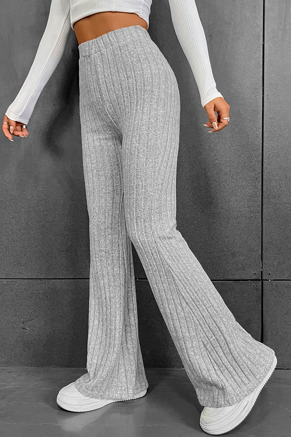 SHEIN Solid Rib-knit Crop Top and Flare Leg Pants Set