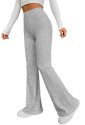 Gray Solid Color High Waist Ribbed Flare Pants