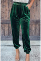 Zamatové zelené jogger nohavice s vysokým pásom a vreckami