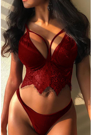 Red Eyelash Lace Splicing Strappy Cutout Bralette