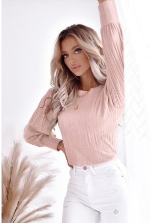 Pink Striped Texture Knitted Bishop Sleeve Top