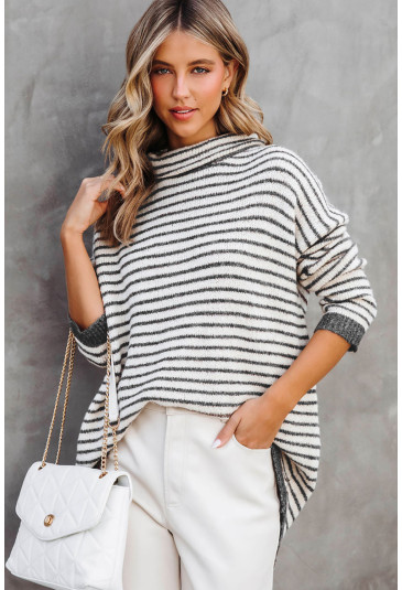 Gray Striped Turtleneck Loose Sweater