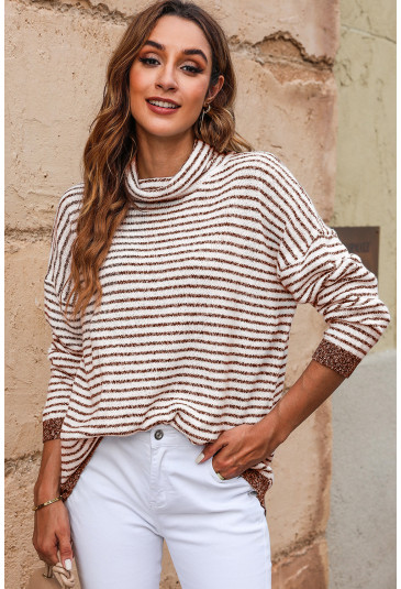 Brown Striped Turtleneck Loose Sweater