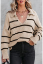 Khaki Striped Knit Collared Pullover Sweater