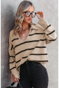 Khaki Striped Knit Collared Pullover Sweater