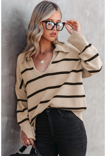 Khaki Striped Knit Collared Pullover Sweater