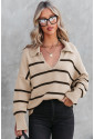 Khaki Striped Knit Collared Pullover Sweater