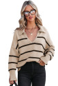 Khaki Striped Knit Collared Pullover Sweater