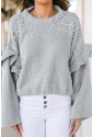 Gray Pearl Embellished Ruffle Wide Sleeve Sweate