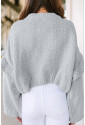 Gray Pearl Embellished Ruffle Wide Sleeve Sweate