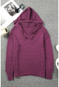 V Neck Ribbed Drop Shoulder Hooded Sweater