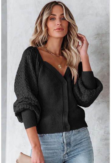 Black Pearl Embellished Puff Sleeve V Neck Cardigan