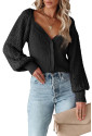 Black Pearl Embellished Puff Sleeve V Neck Cardigan