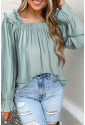 Green Ruffled Square Neck Cuffs Long Sleeve Blouse