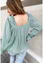 Green Ruffled Square Neck Cuffs Long Sleeve Blouse
