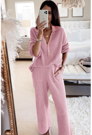 Pink Ribbed Knit Collared Henley Top and Pants Lounge Outfit
